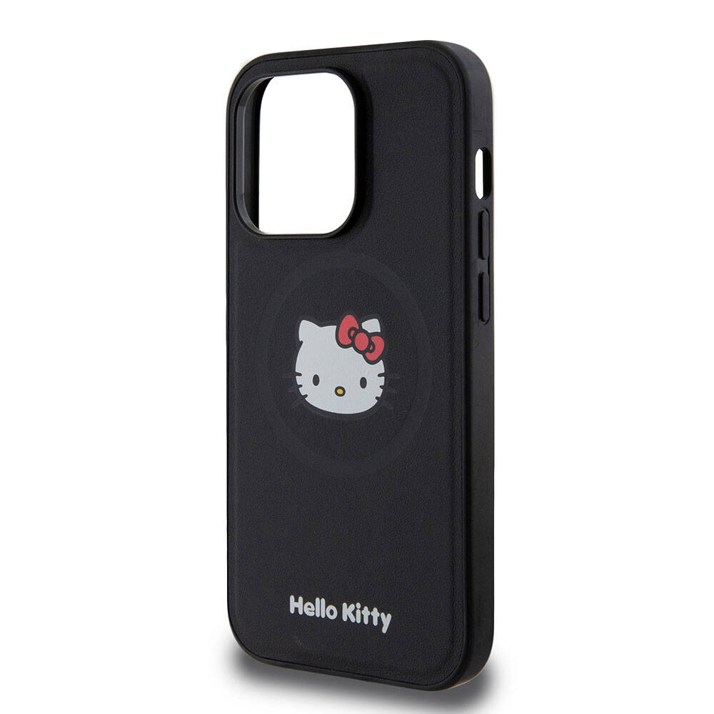 Apple iPhone 15 Pro Kılıf Hello Kitty Orjinal Lisanslı M-safe Şarj Özellikli Kitty Head Deri Kapak Gold