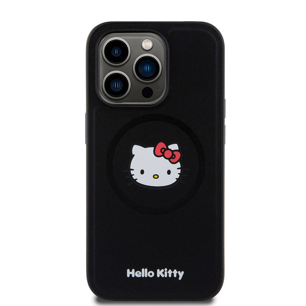 Apple iPhone 15 Pro Kılıf Hello Kitty Orjinal Lisanslı M-safe Şarj Özellikli Kitty Head Deri Kapak Siyah