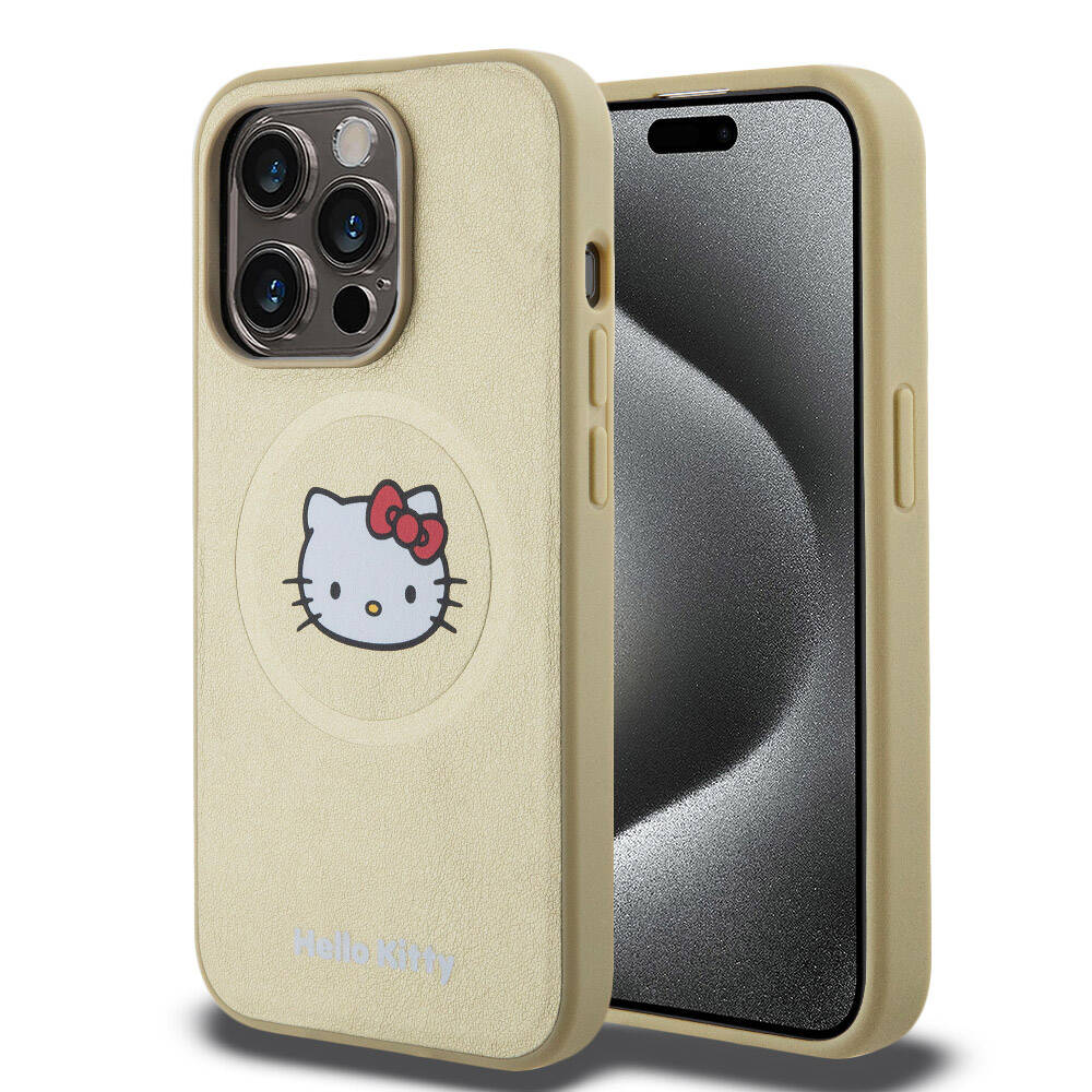 Apple iPhone 15 Pro Kılıf Hello Kitty Orjinal Lisanslı M-safe Şarj Özellikli Kitty Head Deri Kapak Gold