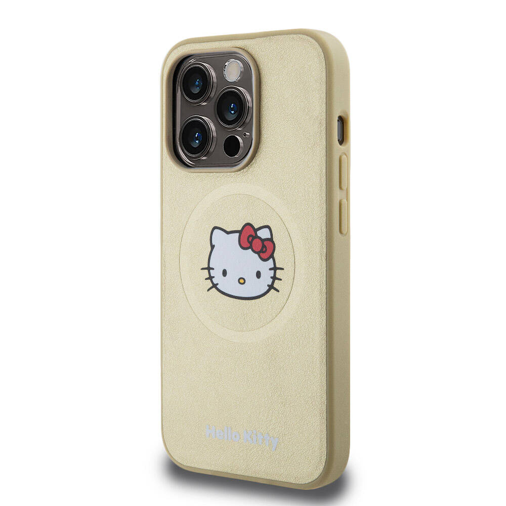 Apple iPhone 15 Pro Kılıf Hello Kitty Orjinal Lisanslı M-safe Şarj Özellikli Kitty Head Deri Kapak Siyah