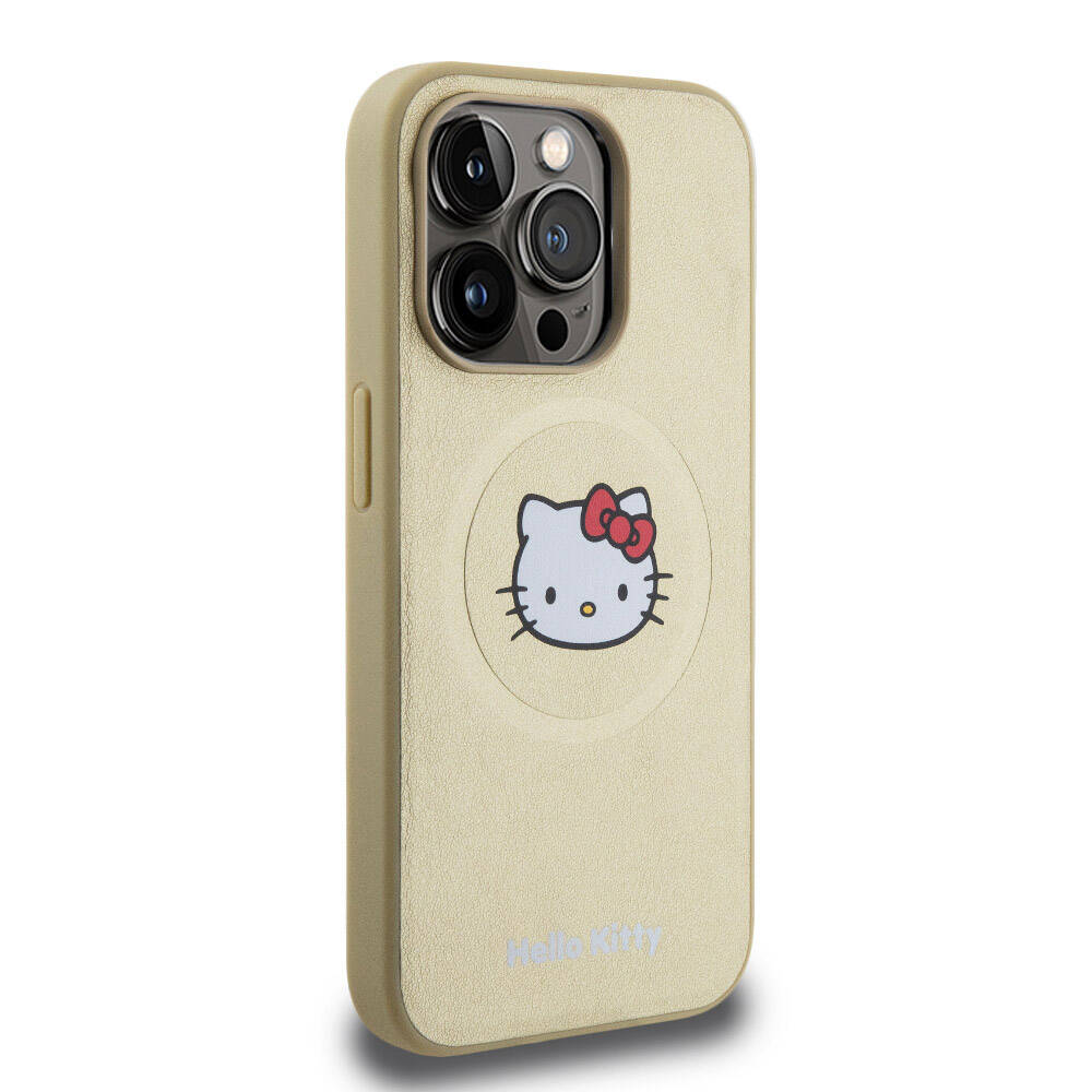 Apple iPhone 15 Pro Kılıf Hello Kitty Orjinal Lisanslı M-safe Şarj Özellikli Kitty Head Deri Kapak Siyah