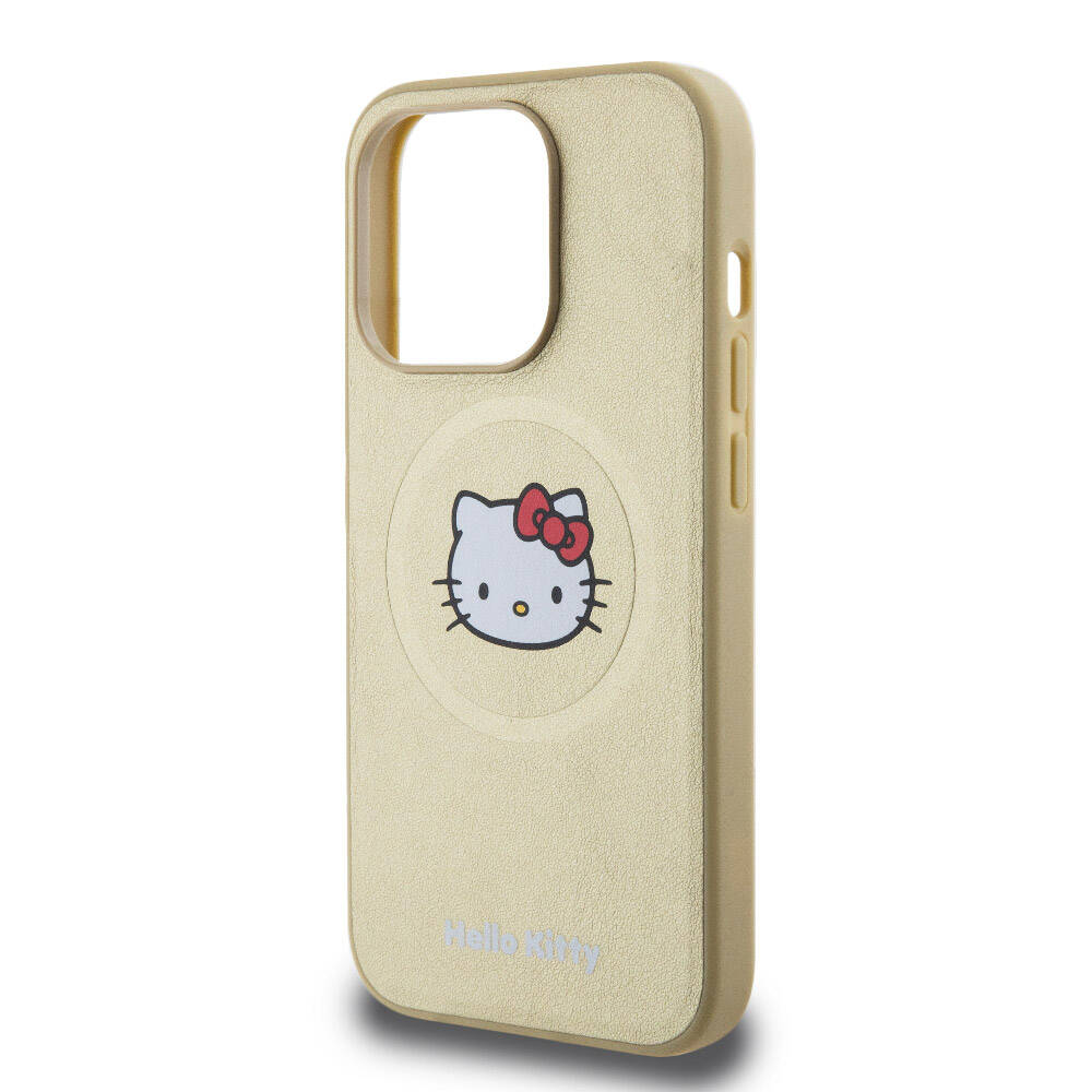 Apple iPhone 15 Pro Kılıf Hello Kitty Orjinal Lisanslı M-safe Şarj Özellikli Kitty Head Deri Kapak Siyah