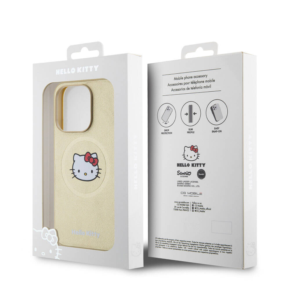 Apple iPhone 15 Pro Kılıf Hello Kitty Orjinal Lisanslı M-safe Şarj Özellikli Kitty Head Deri Kapak Gold