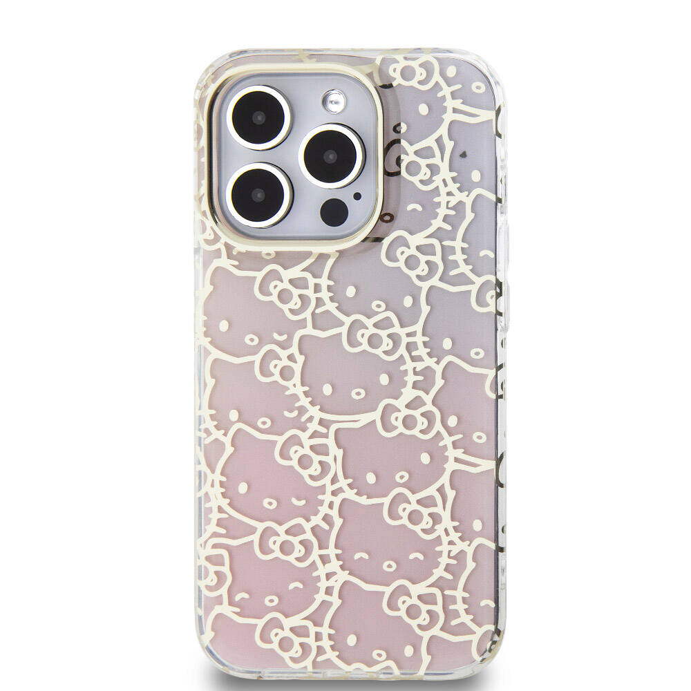 Apple iPhone 15 Pro Kılıf Hello Kitty Orjinal Lisanslı Renk Geçişli Elektroplating Kaplama Kitty Head Desenli Kapak Pembe