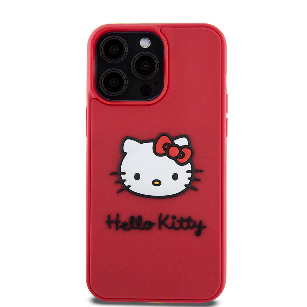 Apple iPhone 15 Pro Kılıf Hello Kitty Orjinal Lisanslı Yazı ve İkonik Logolu 3D Rubber Kitty Head Kapak Siyah