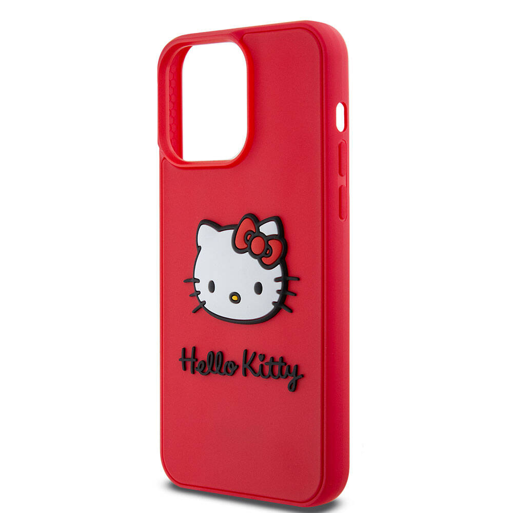 Apple iPhone 15 Pro Kılıf Hello Kitty Orjinal Lisanslı Yazı ve İkonik Logolu 3D Rubber Kitty Head Kapak Kırmızı