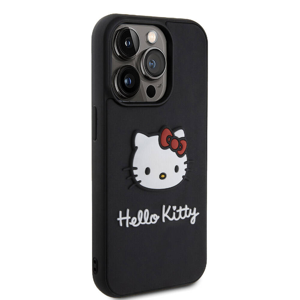 Apple iPhone 15 Pro Kılıf Hello Kitty Orjinal Lisanslı Yazı ve İkonik Logolu 3D Rubber Kitty Head Kapak Siyah