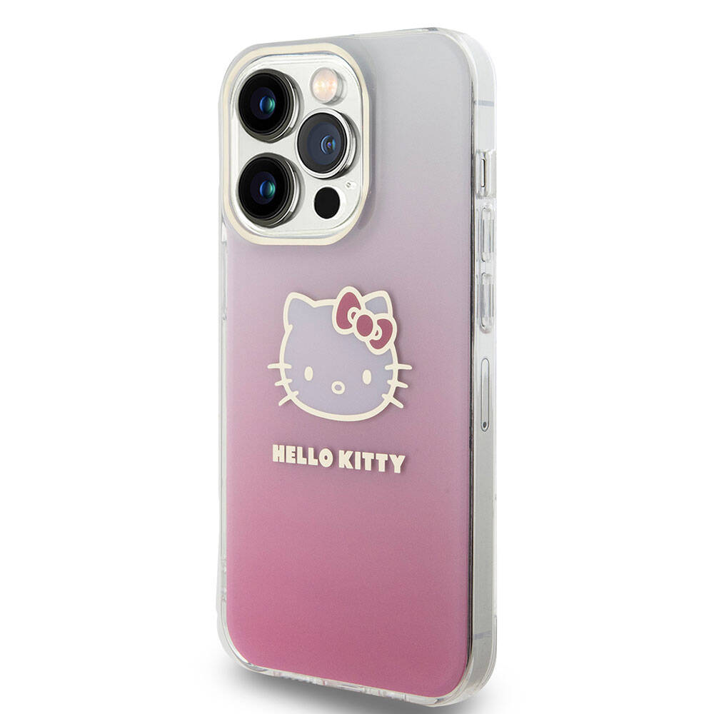 Apple iPhone 15 Pro Kılıf Hello Kitty Orjinal Lisanslı Yazı ve İkonik Logolu Elektroplating Kaplama Gradyan Kapak Mor