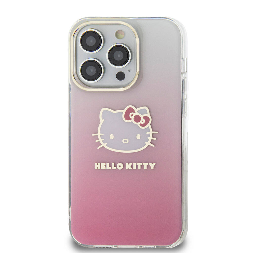 Apple iPhone 15 Pro Kılıf Hello Kitty Orjinal Lisanslı Yazı ve İkonik Logolu Elektroplating Kaplama Gradyan Kapak Pembe