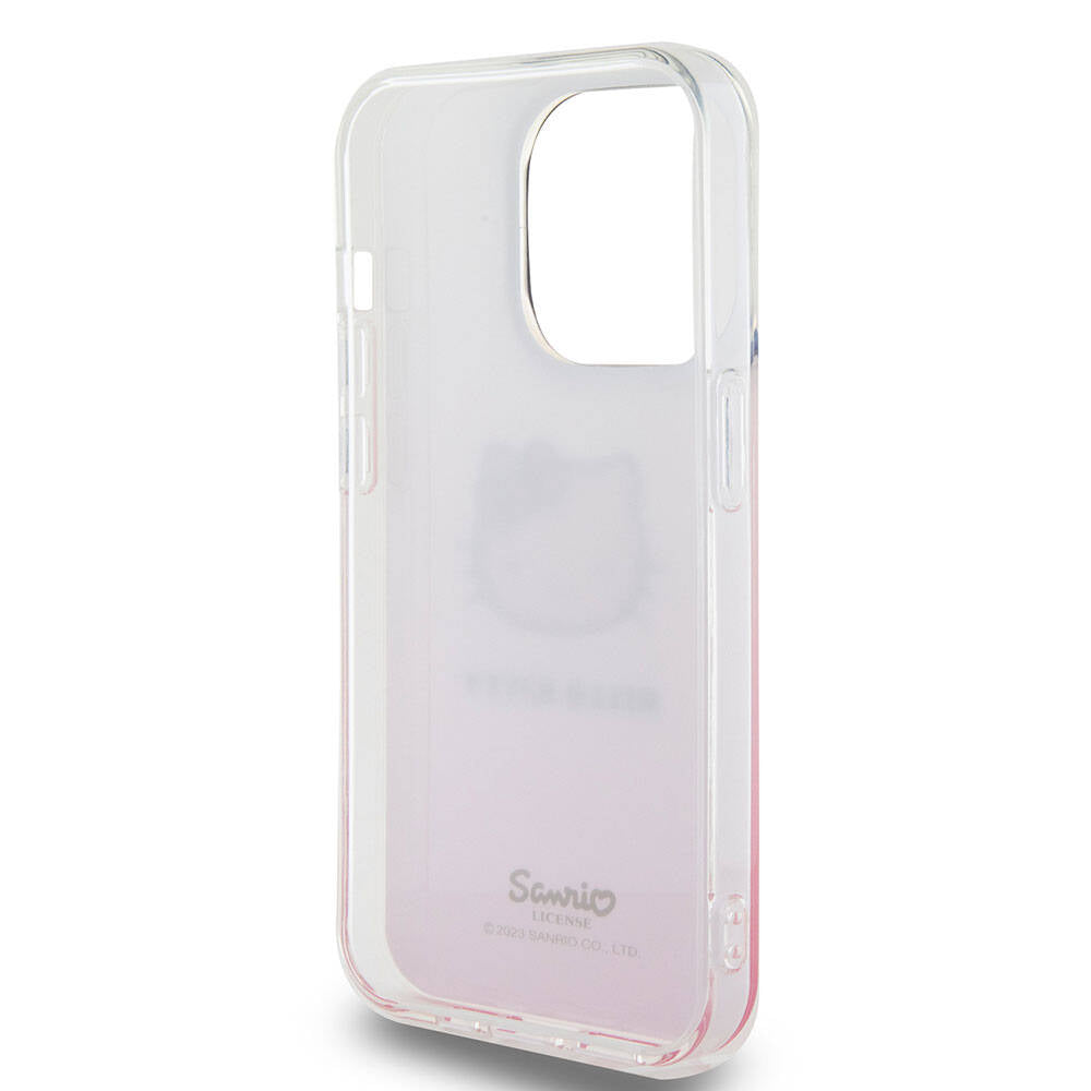 Apple iPhone 15 Pro Kılıf Hello Kitty Orjinal Lisanslı Yazı ve İkonik Logolu Elektroplating Kaplama Gradyan Kapak Pembe