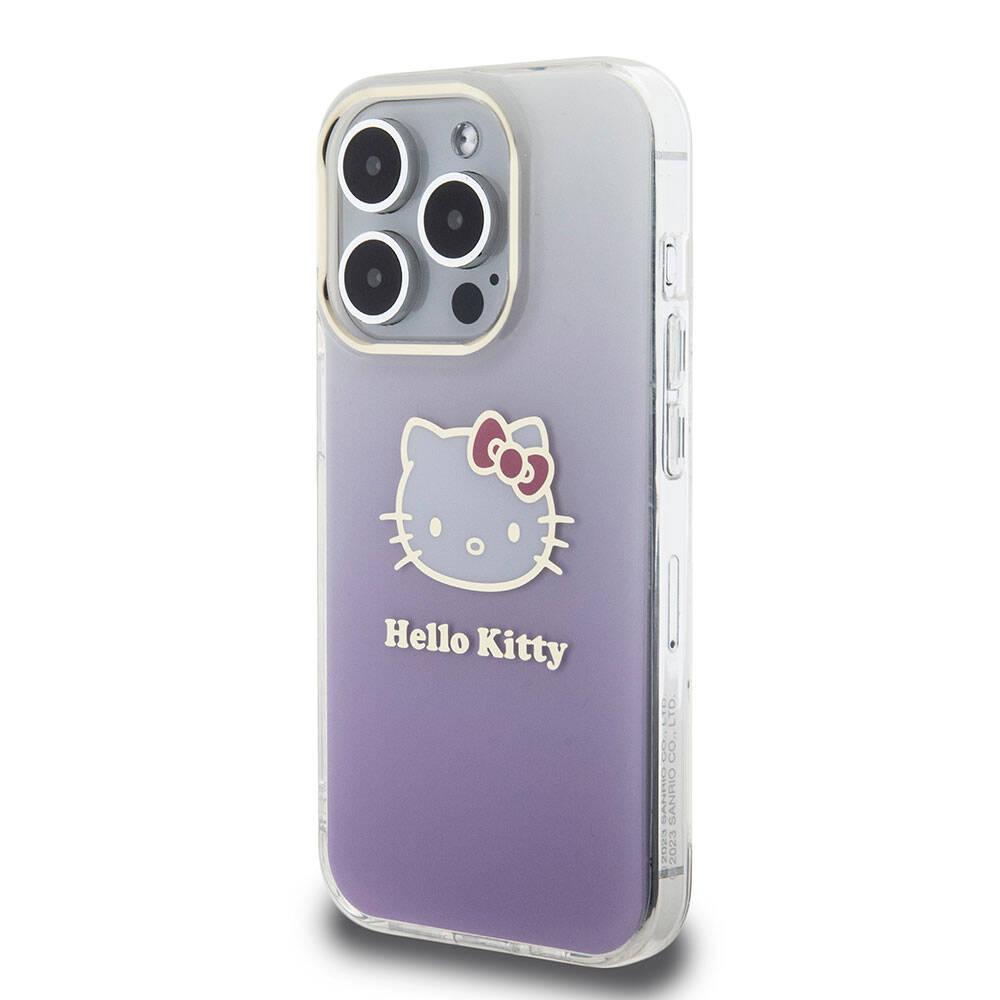 Apple iPhone 15 Pro Kılıf Hello Kitty Orjinal Lisanslı Yazı ve İkonik Logolu Elektroplating Kaplama Gradyan Kapak Mor