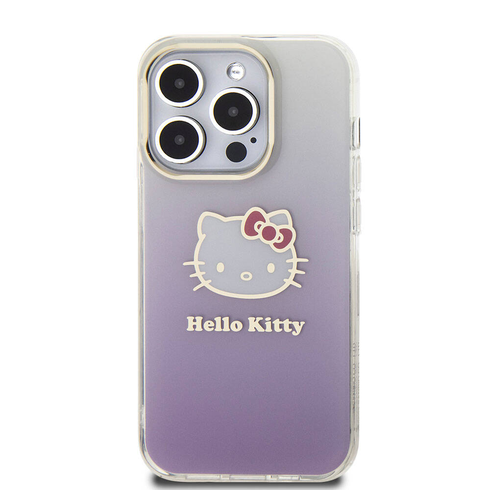 Apple iPhone 15 Pro Kılıf Hello Kitty Orjinal Lisanslı Yazı ve İkonik Logolu Elektroplating Kaplama Gradyan Kapak Pembe