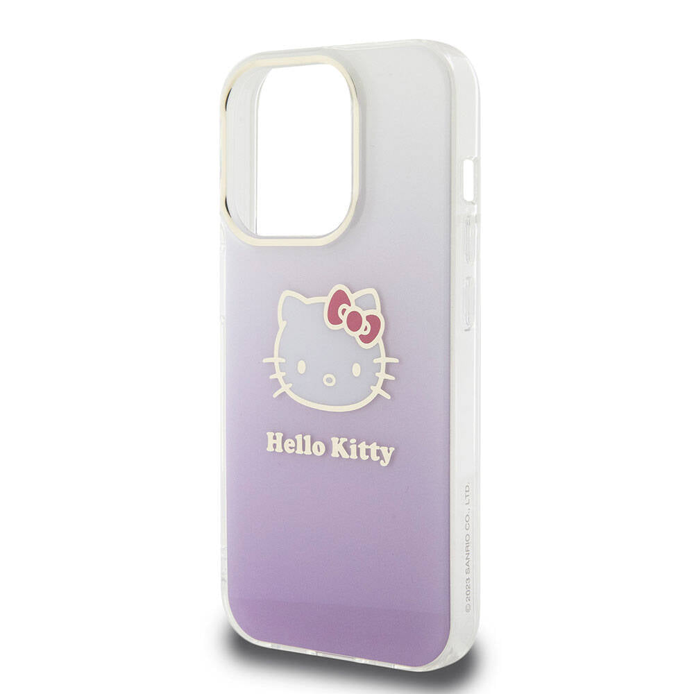 Apple iPhone 15 Pro Kılıf Hello Kitty Orjinal Lisanslı Yazı ve İkonik Logolu Elektroplating Kaplama Gradyan Kapak Pembe