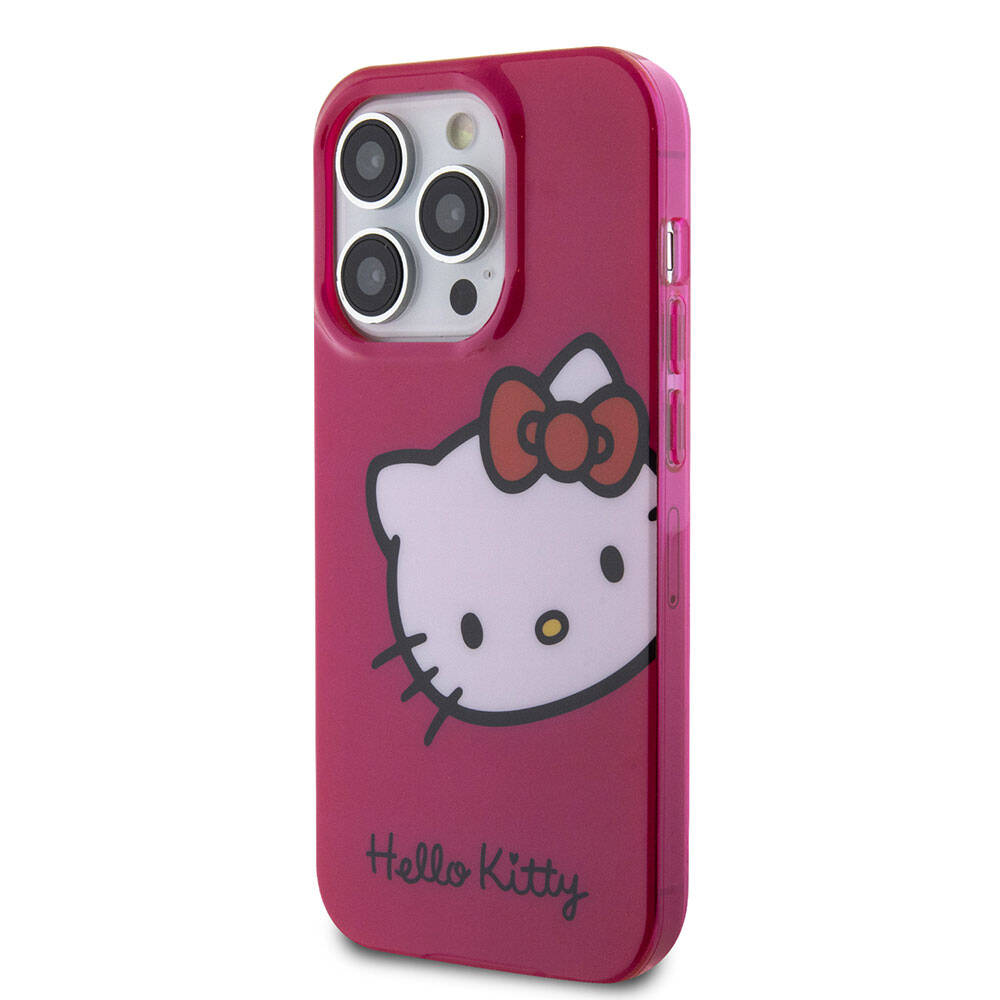 Apple iPhone 15 Pro Kılıf Hello Kitty Orjinal Lisanslı Yazı ve İkonik Logolu Kitty Head Kapak Pembe