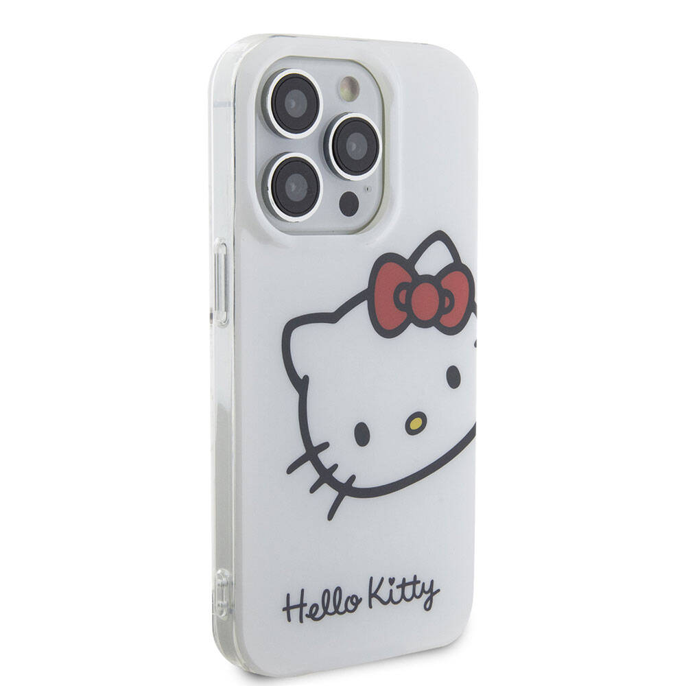 Apple iPhone 15 Pro Kılıf Hello Kitty Orjinal Lisanslı Yazı ve İkonik Logolu Kitty Head Kapak Beyaz