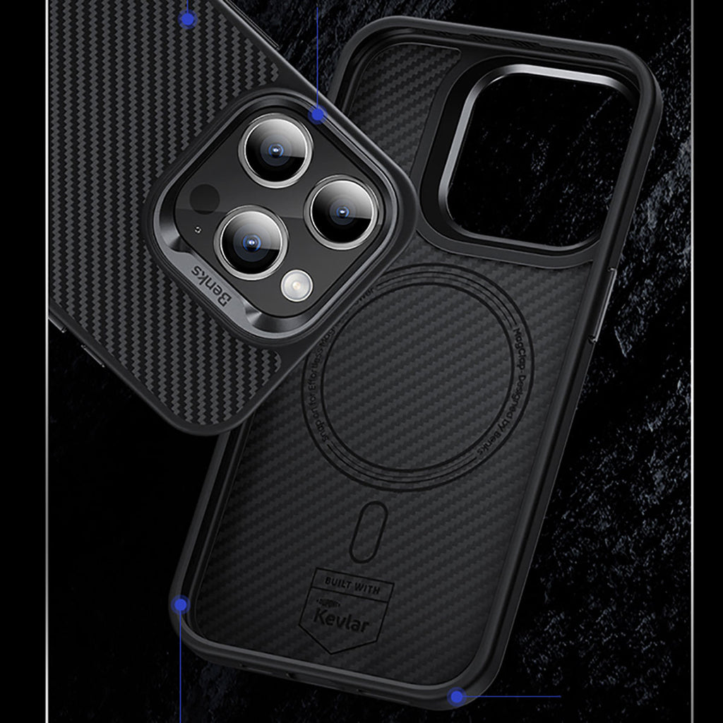 Apple iPhone 15 Pro Kılıf Karbon Fiber M-safe Şarj Özellikli Benks Hybrid ArmorPro 600D Kevlar Kapak Siyah
