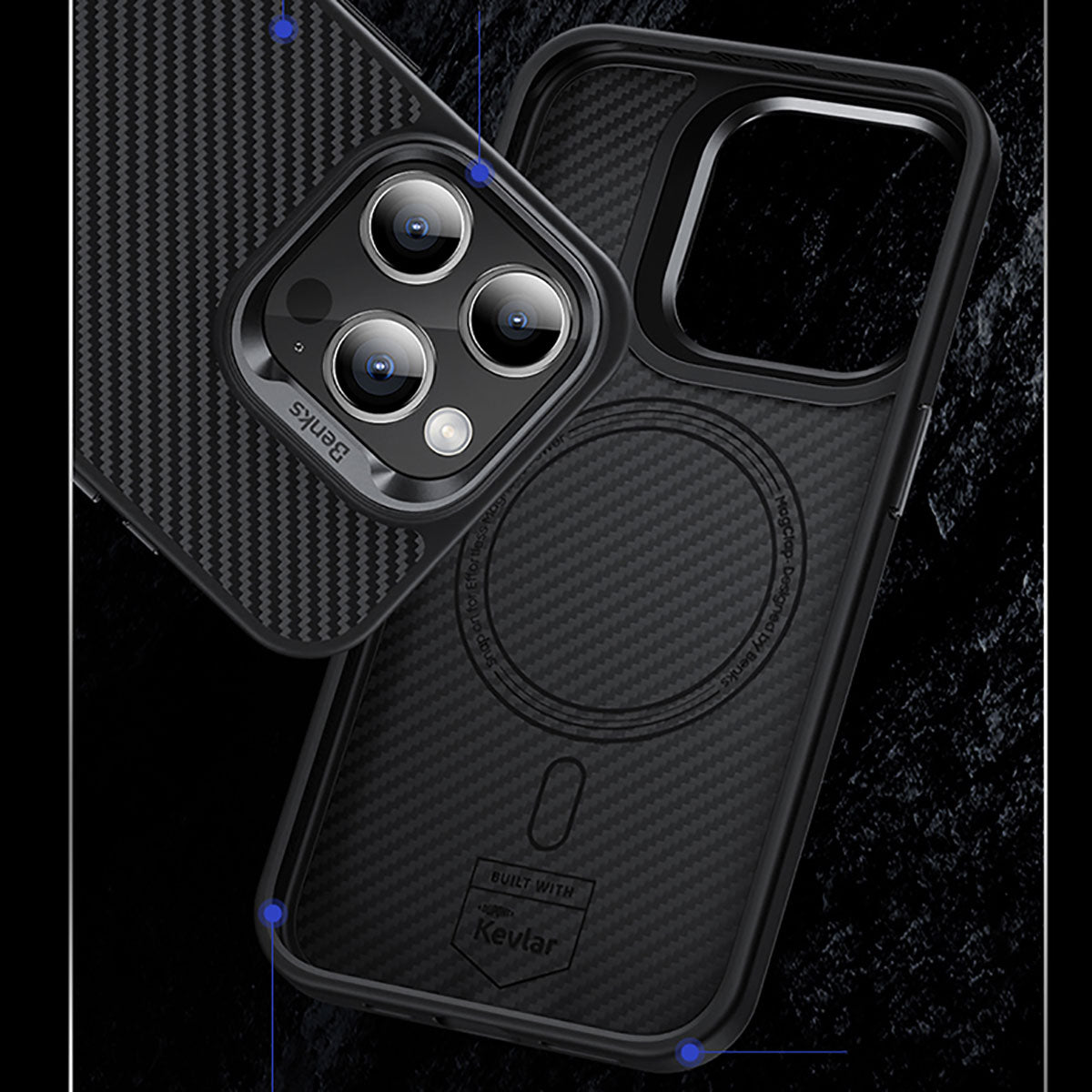 Apple iPhone 15 Pro Kılıf Karbon Fiber M-safe Şarj Özellikli Benks Hybrid ArmorPro 600D Kevlar Kapak Siyah