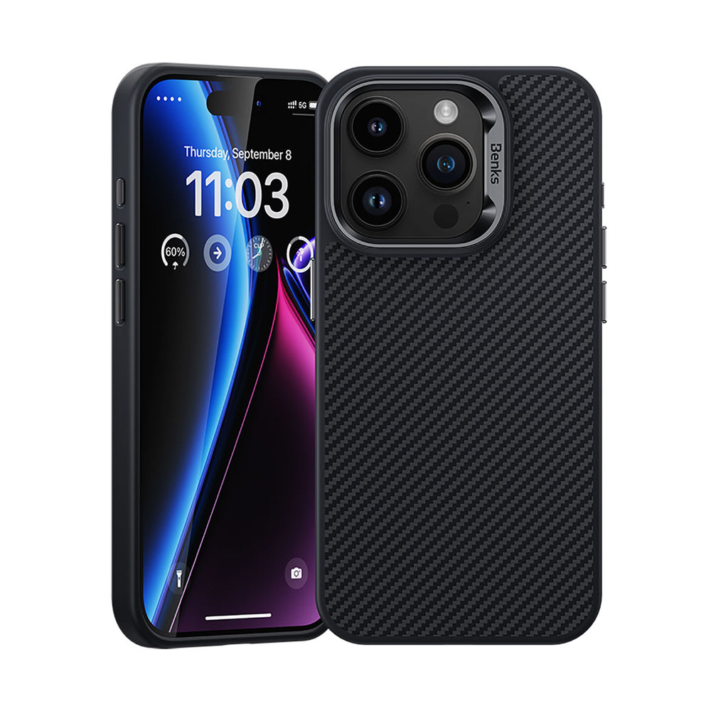 Apple iPhone 15 Pro Kılıf Karbon Fiber M-safe Şarj Özellikli Benks Hybrid ArmorPro 600D Kevlar Kapak Siyah