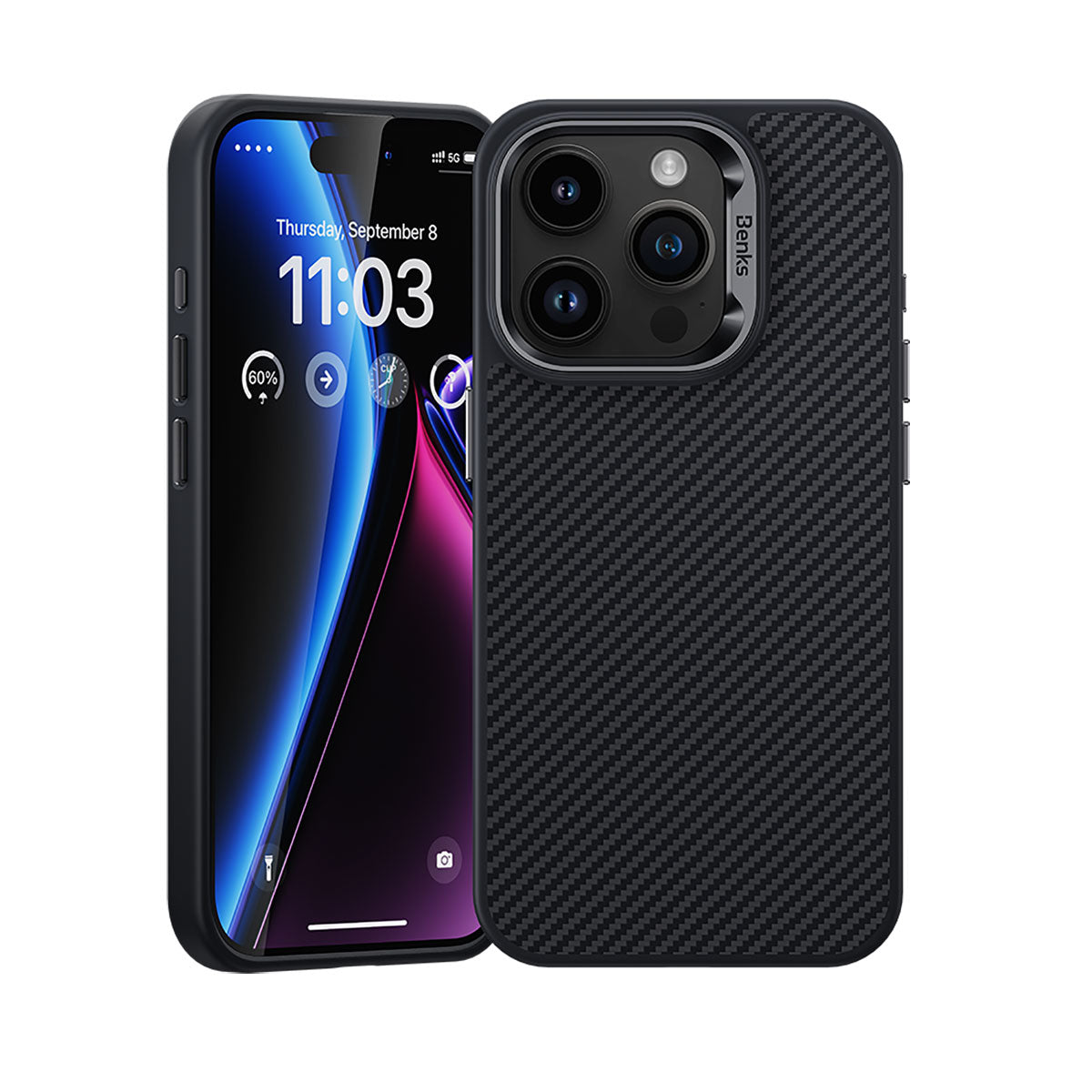 Apple iPhone 15 Pro Kılıf Karbon Fiber M-safe Şarj Özellikli Benks Hybrid ArmorPro 600D Kevlar Kapak Siyah