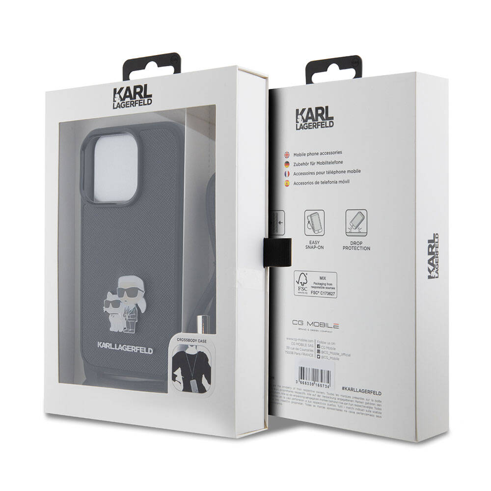 Apple iPhone 15 Pro Kılıf Karl Lagerfeld Askı İpli K&C Metal Logo Orjinal Lisanslı Kapak Siyah