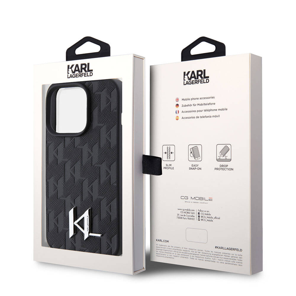 Apple iPhone 15 Pro Kılıf Karl Lagerfeld Hot Stamp K&L Metal Logo Orjinal Lisanslı Kapak Siyah