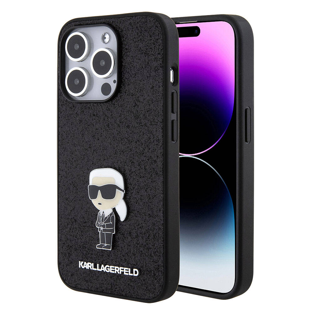 Apple iPhone 15 Pro Kılıf Karl Lagerfeld İkonik Fixed Glitter Metal Logo Orjinal Lisanslı Kapak Siyah