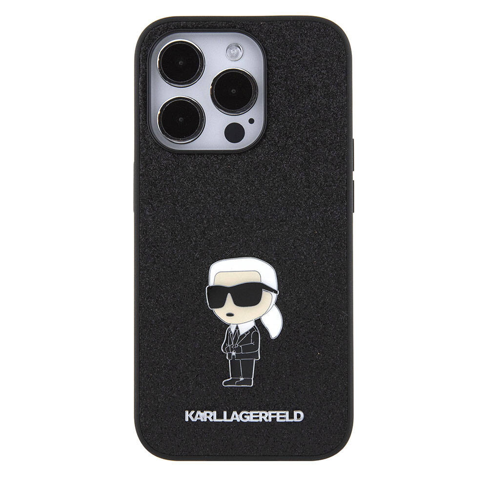 Apple iPhone 15 Pro Kılıf Karl Lagerfeld İkonik Fixed Glitter Metal Logo Orjinal Lisanslı Kapak Siyah