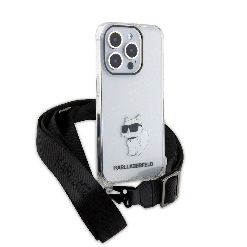 Apple iPhone 15 Pro Kılıf Karl Lagerfeld Orjinal Lisanslı Boyun Askılı Choupette İkonik Crossbody Kapak Renksiz