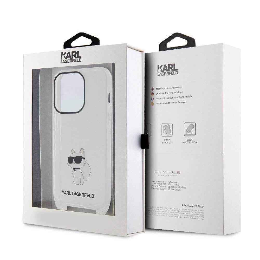 Apple iPhone 15 Pro Kılıf Karl Lagerfeld Orjinal Lisanslı Boyun Askılı Choupette İkonik Crossbody Kapak Renksiz