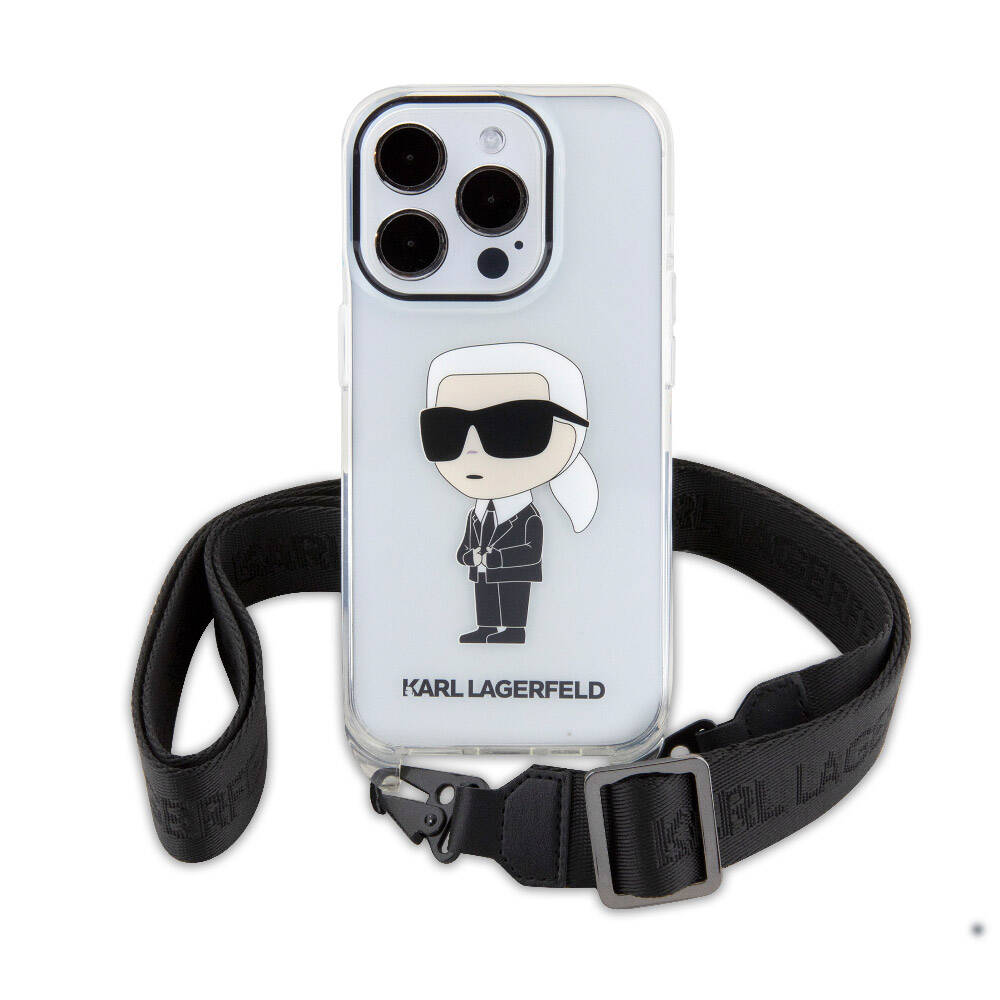 Apple iPhone 15 Pro Kılıf Karl Lagerfeld Orjinal Lisanslı Boyun Askılı Karl İkonik Crossbody Kapak Renksiz