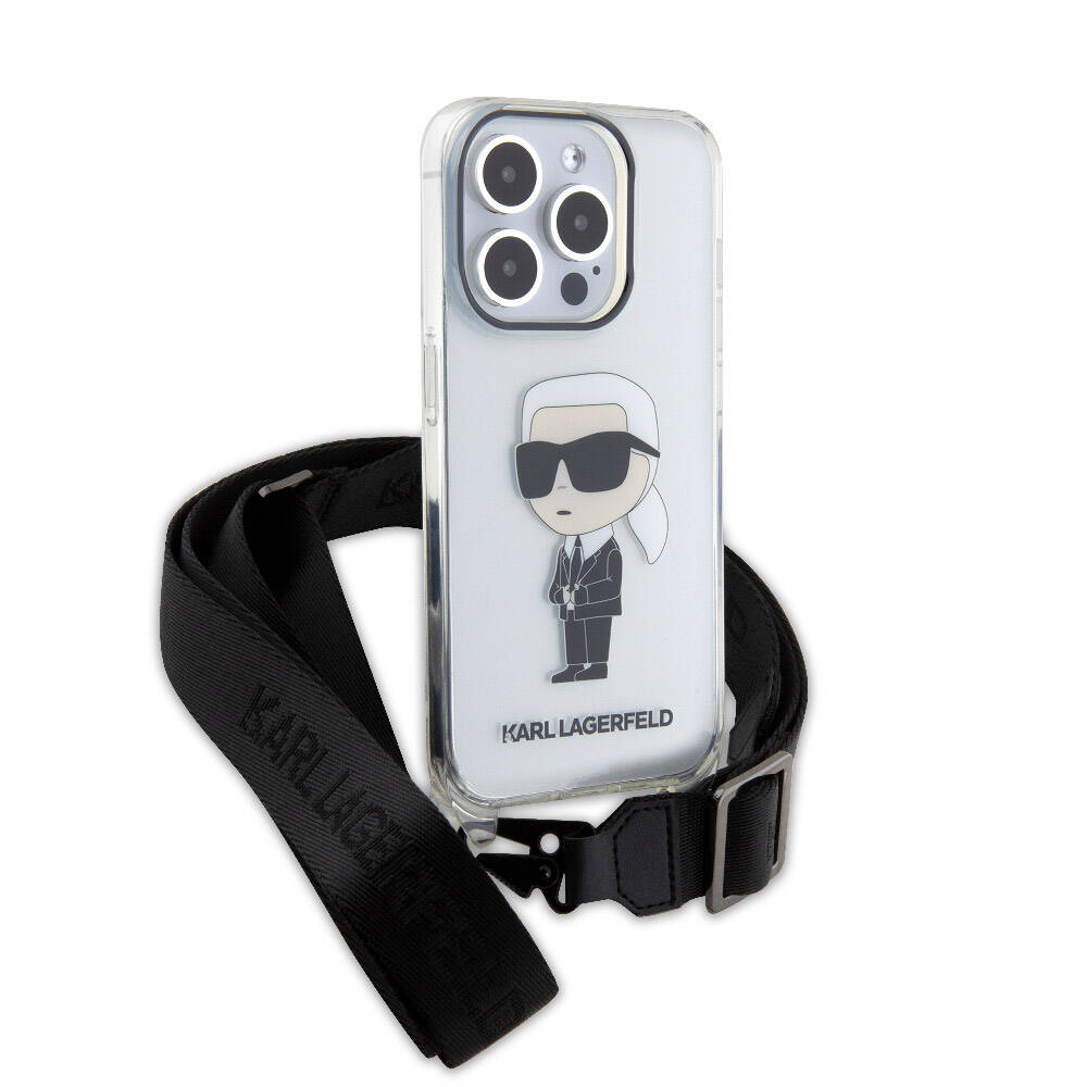 Apple iPhone 15 Pro Kılıf Karl Lagerfeld Orjinal Lisanslı Boyun Askılı Karl İkonik Crossbody Kapak Renksiz