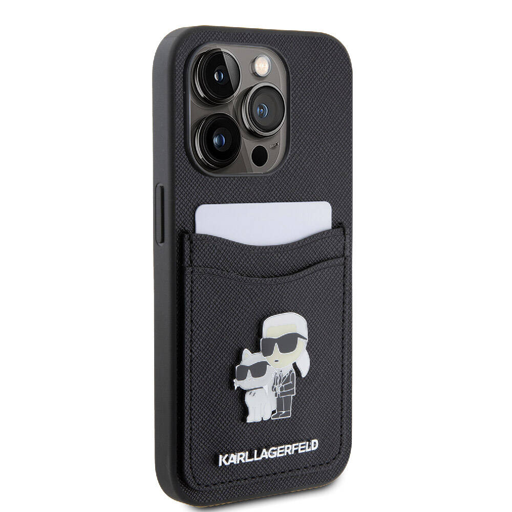 Apple iPhone 15 Pro Kılıf Karl Lagerfeld Orjinal Lisanslı Metal Logo Kartlıklı Saffiano Kapak Siyah