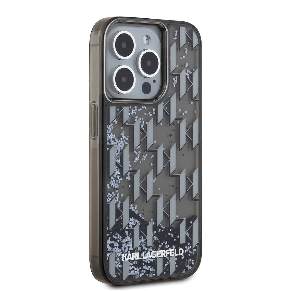 Apple iPhone 15 Pro Kılıf Karl Lagerfeld Orjinal Lisanslı Simli KL Yazılı Monogram Gradıent Kapak Siyah