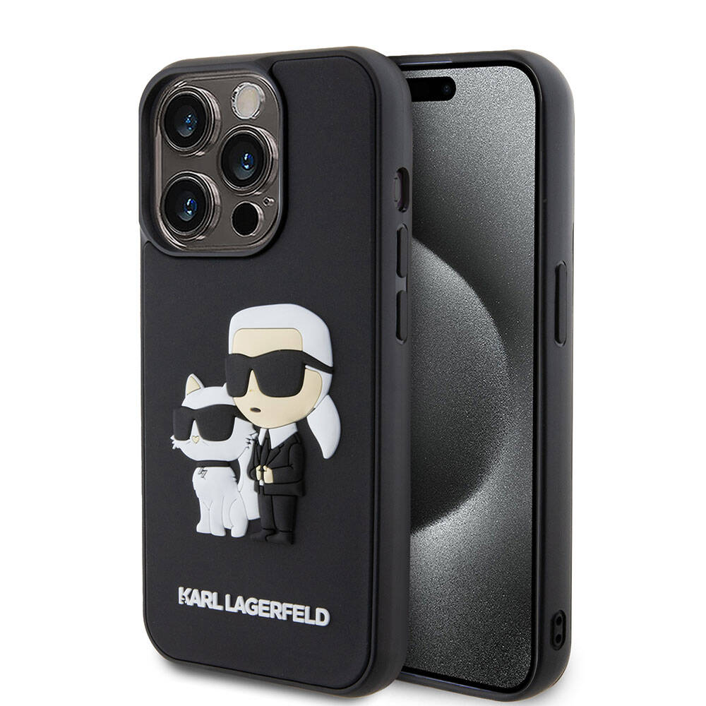 Apple iPhone 15 Pro Kılıf Karl Lagerfeld Silikon 3D K&C Logo Orjinal Lisanslı Kapak Siyah