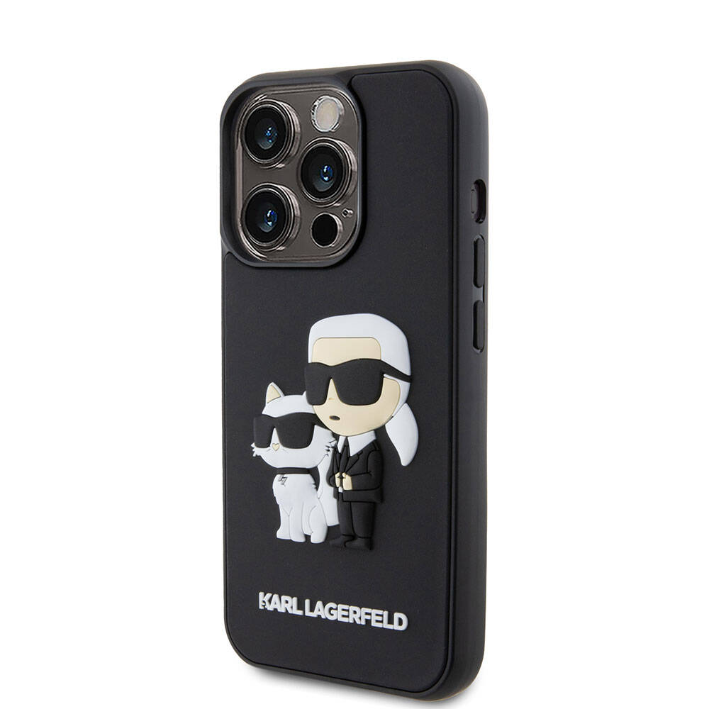 Apple iPhone 15 Pro Kılıf Karl Lagerfeld Silikon 3D K&C Logo Orjinal Lisanslı Kapak Siyah