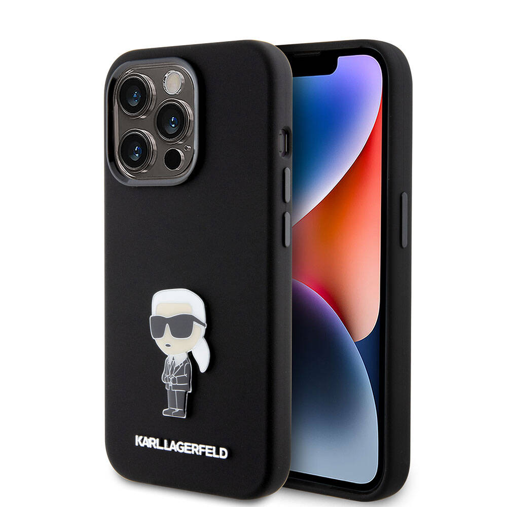 Apple iPhone 15 Pro Kılıf Karl Lagerfeld Silikon İkonik Metal Logo Orjinal Lisanslı Kapak Siyah