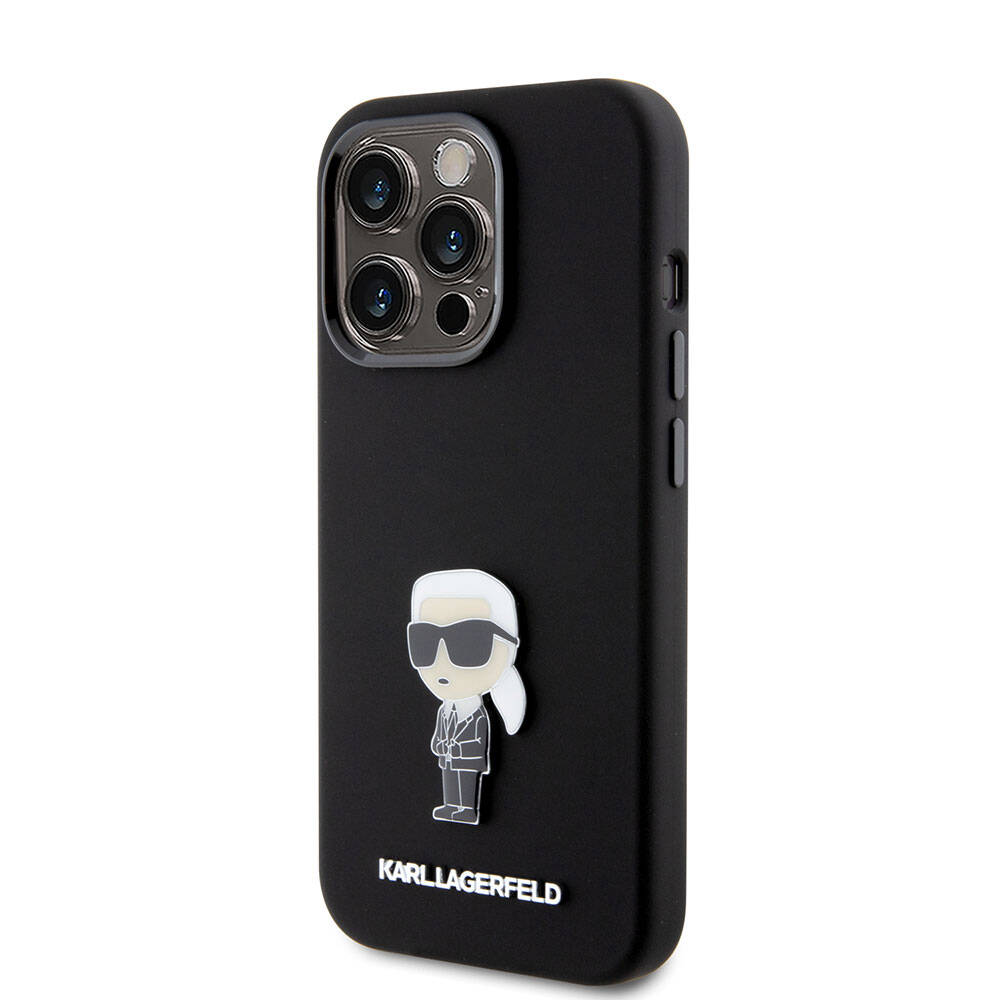 Apple iPhone 15 Pro Kılıf Karl Lagerfeld Silikon İkonik Metal Logo Orjinal Lisanslı Kapak Siyah