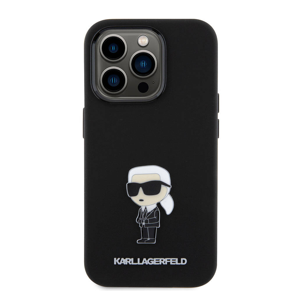 Apple iPhone 15 Pro Kılıf Karl Lagerfeld Silikon İkonik Metal Logo Orjinal Lisanslı Kapak Siyah
