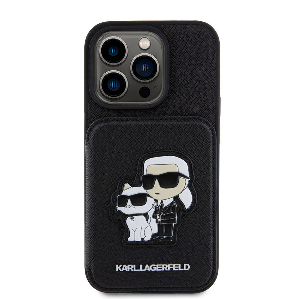 Apple iPhone 15 Pro Kılıf Karl Lagerfeld Standlı Kartlıklı Saffiano K&C Metal Logo Orjinal Lisanslı Kapak Siyah