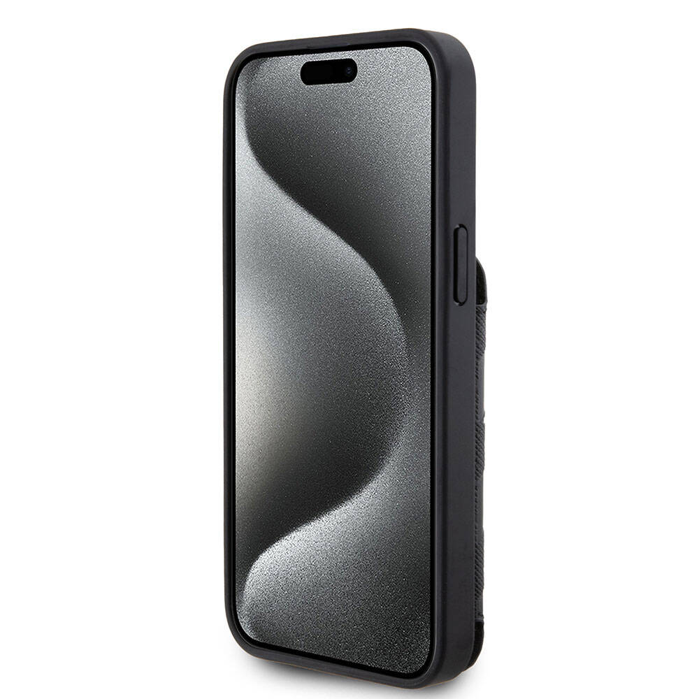 Apple iPhone 15 Pro Kılıf Karl Lagerfeld Standlı Kartlıklı Saffiano Monogram İkonik Metal Logo Orjinal Lisanslı Kapak Siyah