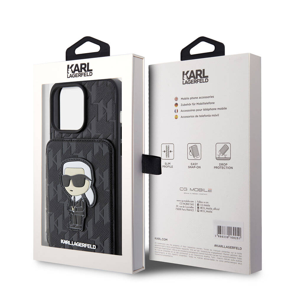 Apple iPhone 15 Pro Kılıf Karl Lagerfeld Standlı Kartlıklı Saffiano Monogram İkonik Metal Logo Orjinal Lisanslı Kapak Siyah