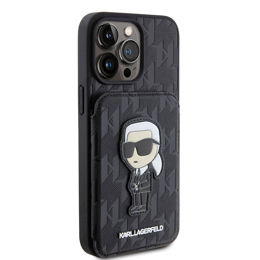 Apple iPhone 15 Pro Kılıf Karl Lagerfeld Standlı Kartlıklı Saffiano Monogram İkonik Metal Logo Orjinal Lisanslı Kapak Siyah