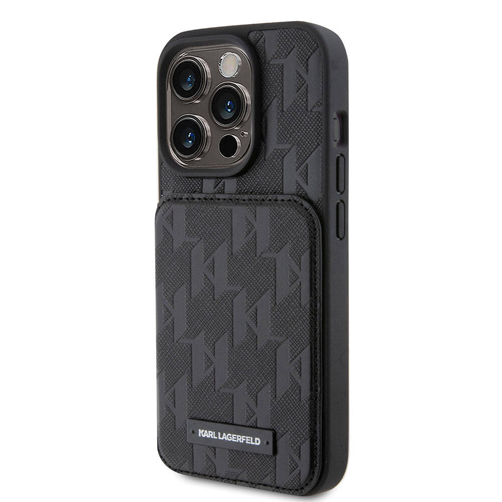 Apple iPhone 15 Pro Kılıf Karl Lagerfeld Standlı Kartlıklı Saffiano Monogram Metal Logo Orjinal Lisanslı Kapak Siyah