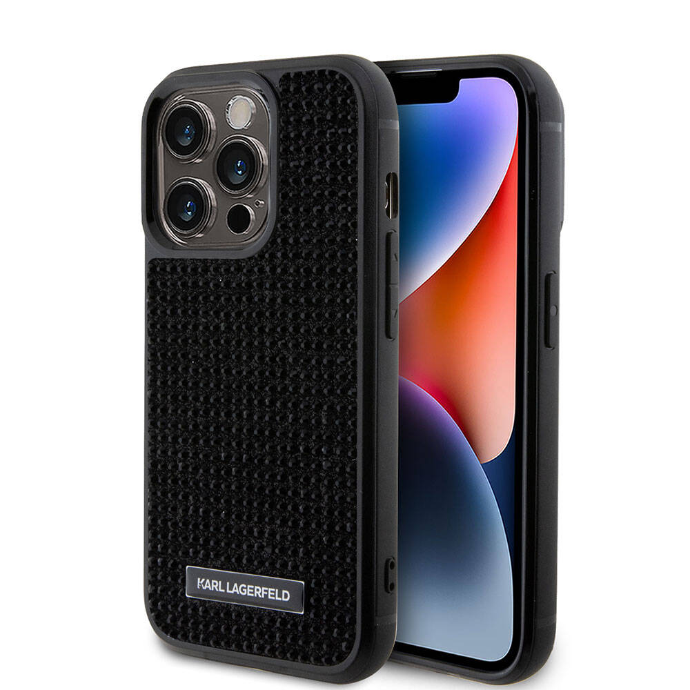Apple iPhone 15 Pro Kılıf Karl Lagerfeld Taşlı Metal Logo Orjinal Lisanslı Kapak Siyah