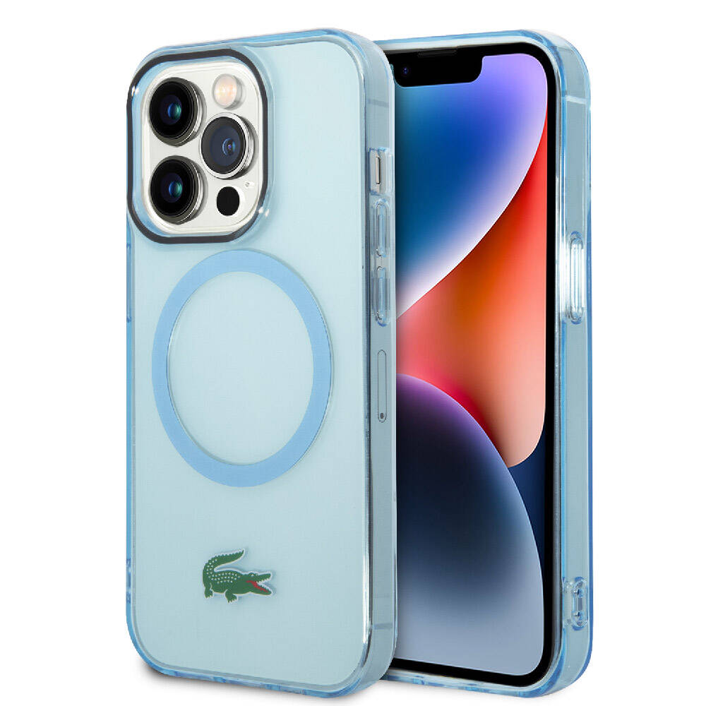 Apple iPhone 15 Pro Kılıf Lacoste Orjinal Lisanslı M-safe Şarj Özellikli Transparan Timsah Logo Baskılı Kapak Mavi Açık