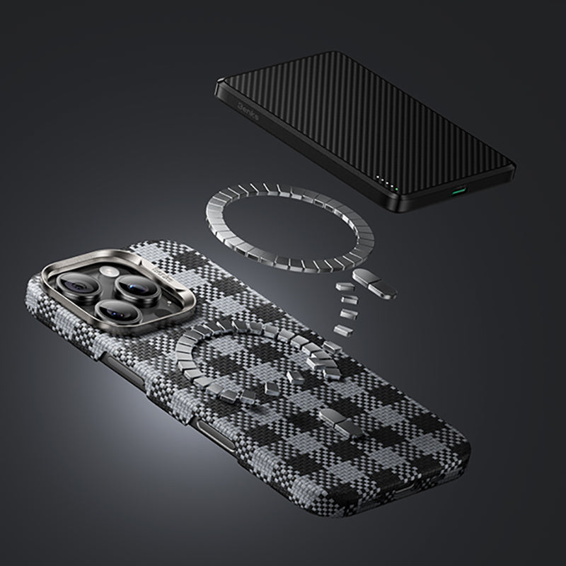 Apple iPhone 15 Pro Kılıf M-safe Şarj Özellikli Ekose Tasarımlı Benks ArmorVichy Kevlar Kapak Kırmızı