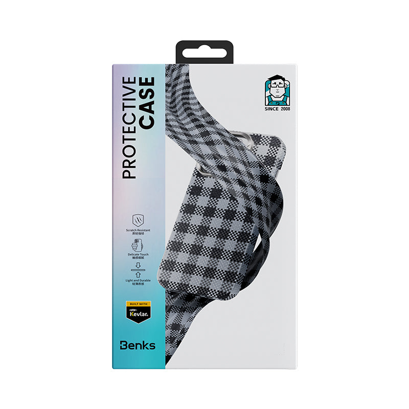 Apple iPhone 15 Pro Kılıf M-safe Şarj Özellikli Ekose Tasarımlı Benks ArmorVichy Kevlar Kapak Kırmızı