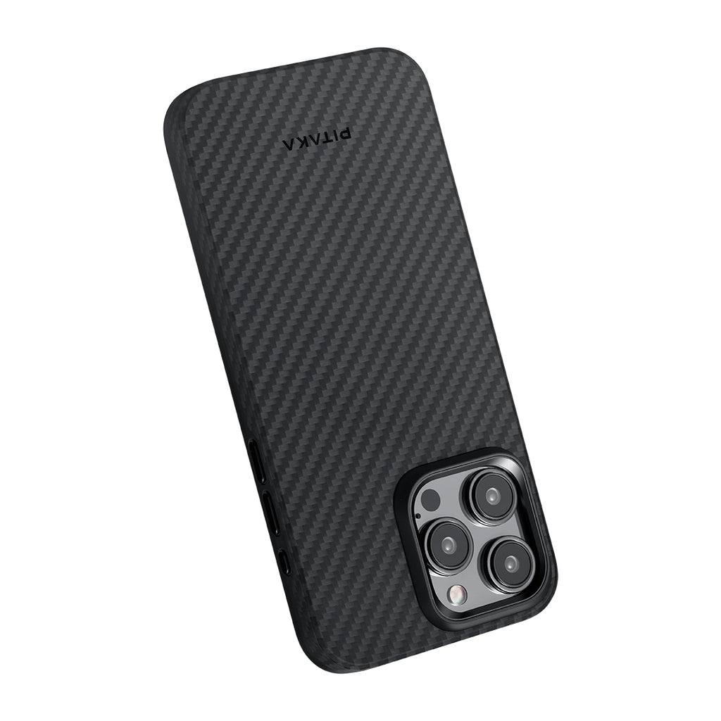 Apple iPhone 15 Pro Kılıf M-safe Şarj Özellikli 1500D Aramid Fiber Pitaka Military-Grade Classic Serisi Black-Grey Twill Kapak Siyah-Mavi