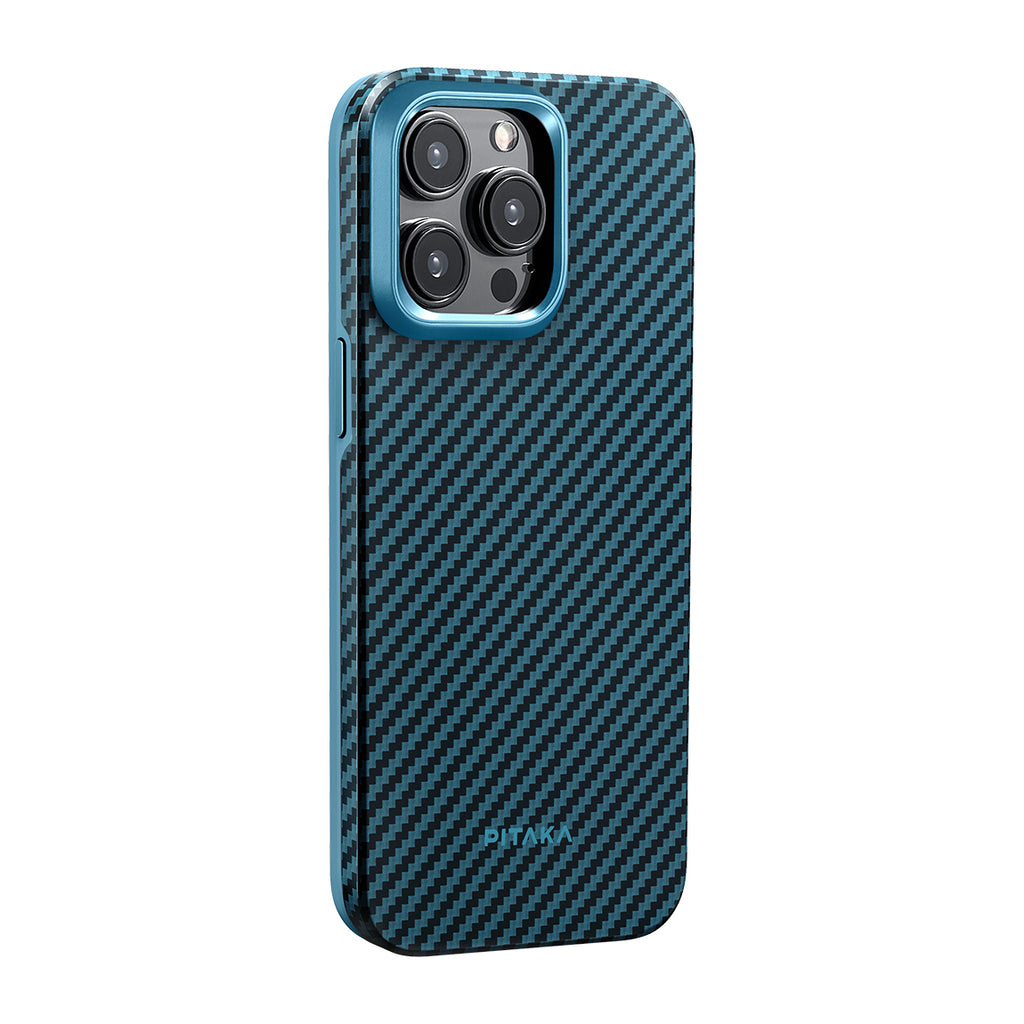 Apple iPhone 15 Pro Kılıf M-safe Şarj Özellikli 1500D Aramid Fiber Pitaka Military-Grade Classic Serisi Black-Grey Twill Kapak Siyah-Mavi