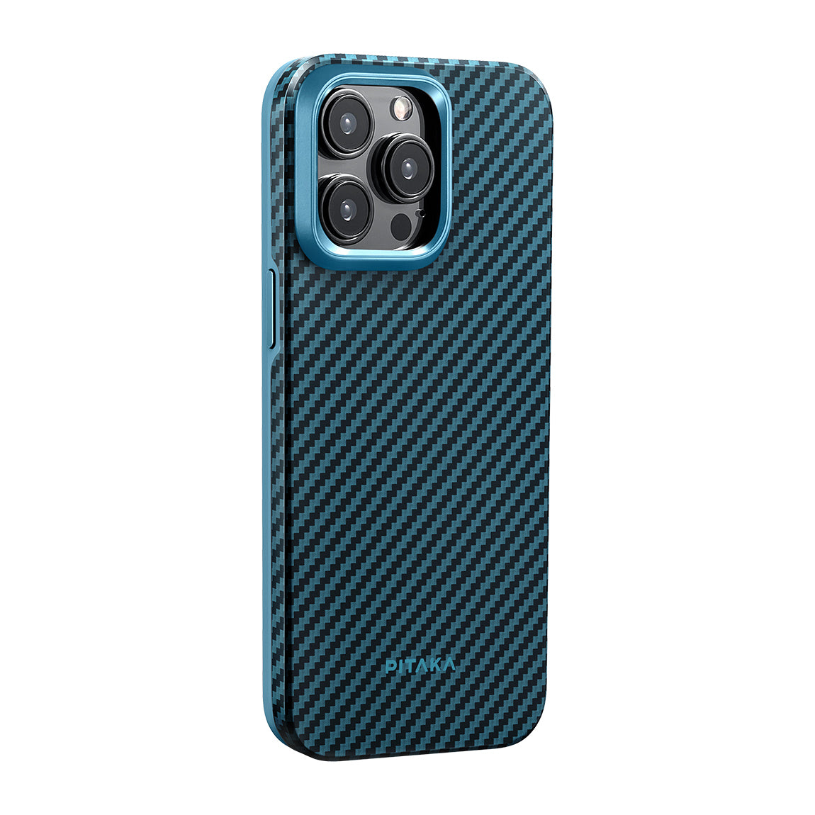 Apple iPhone 15 Pro Kılıf M-safe Şarj Özellikli 1500D Aramid Fiber Pitaka Military-Grade Classic Serisi Black-Grey Twill Kapak Siyah-Mavi